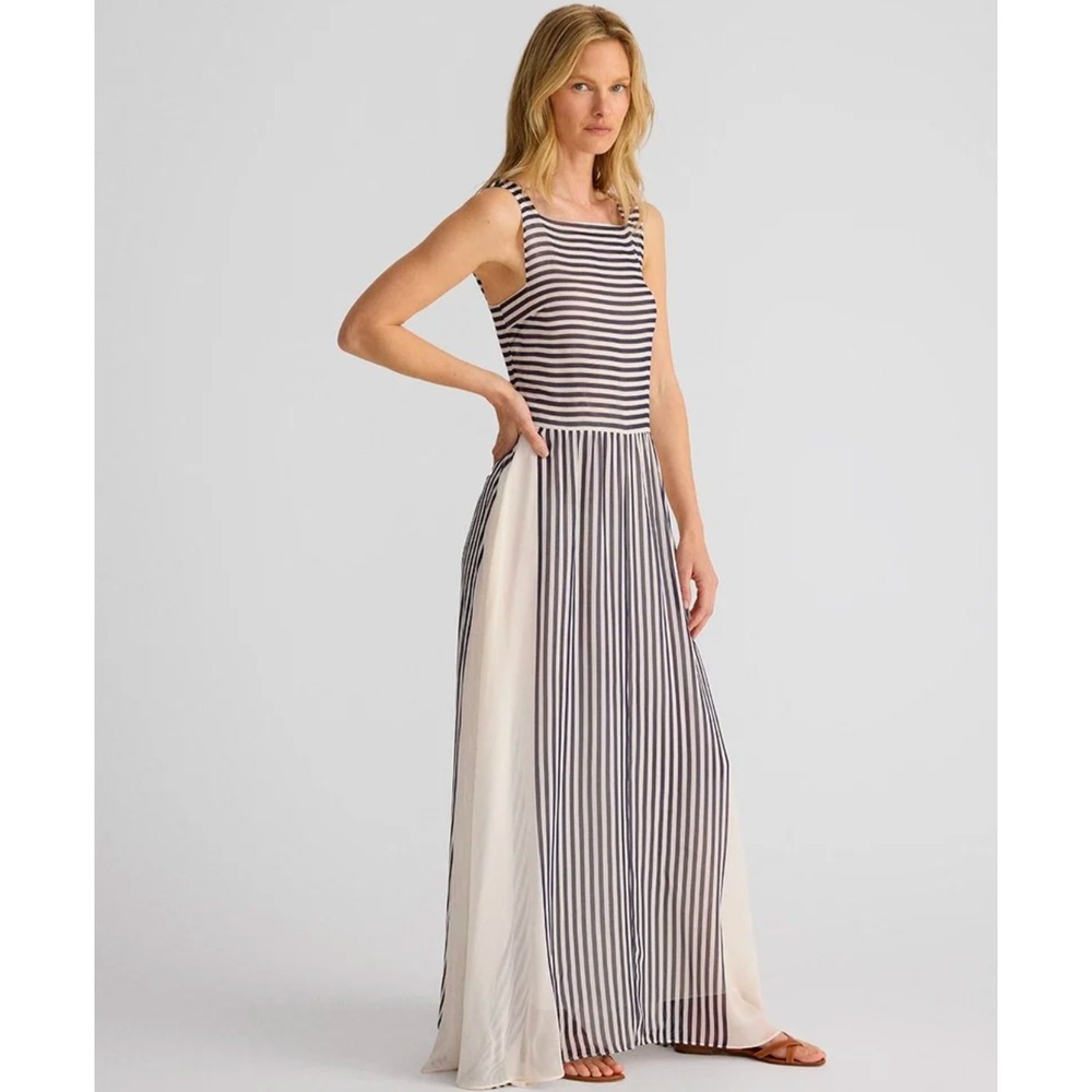 NWT Unsubscribed Silk Striped Georgette Maxi Dress Natural Navy Size 2 $448